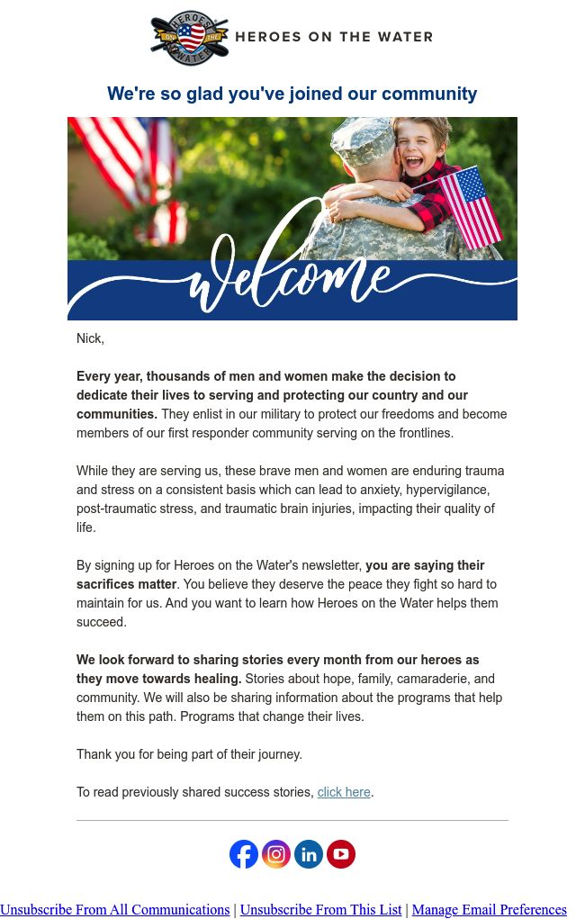 Thank you for joining the Heroes on the Water Community