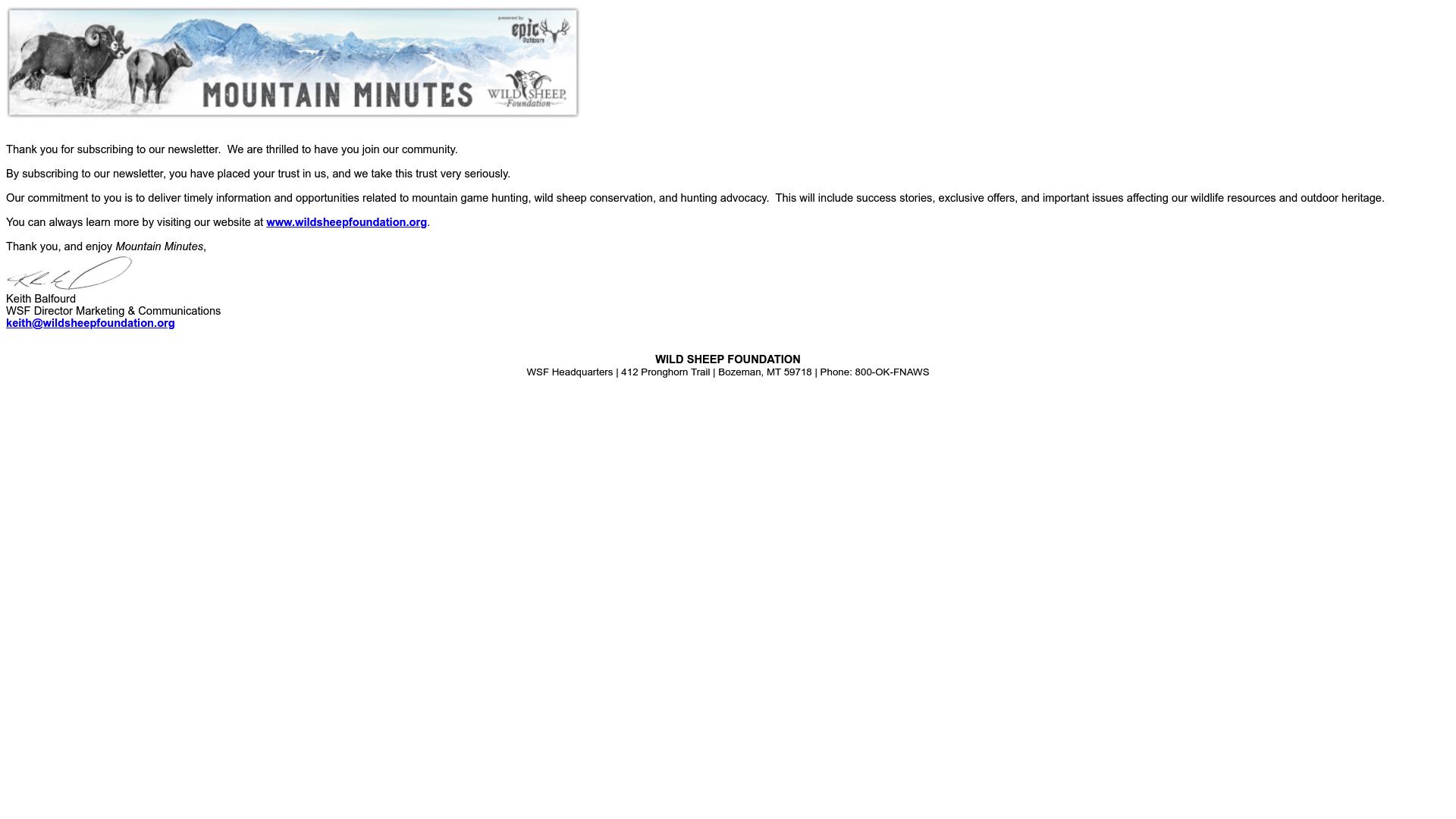 Wild Sheep Foundation Mountain Minutes Newsletter