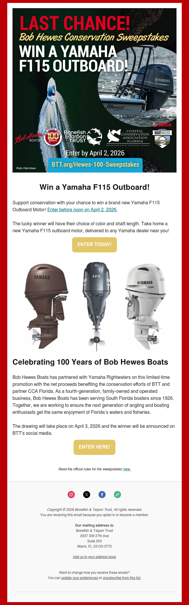 Last Chance! Win a Yamaha Motor, Support Conservation!