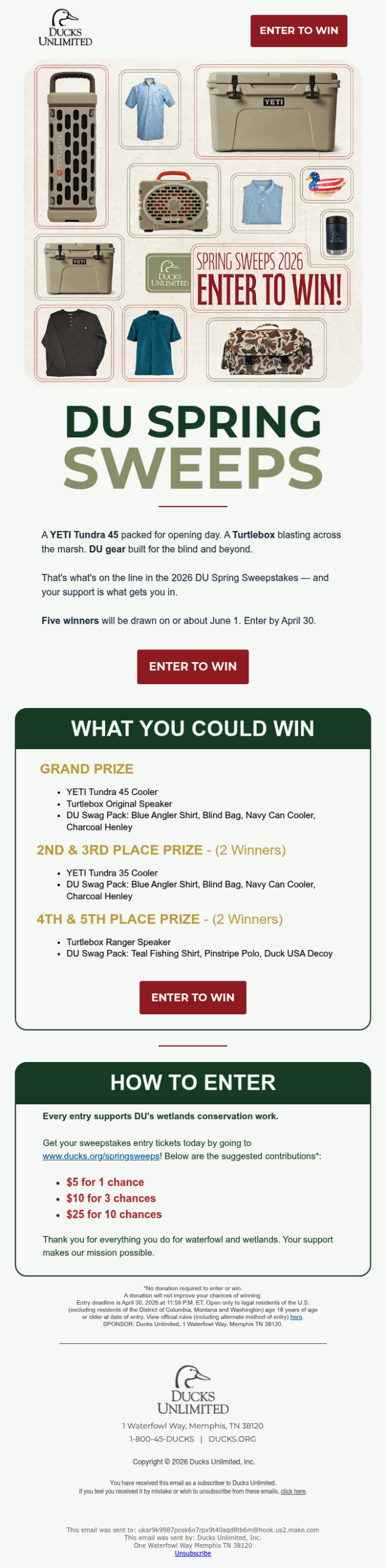 Win a YETI. Support the ducks.