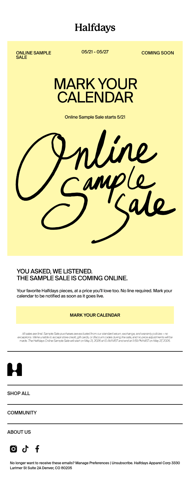 ONLINE SAMPLE SALE STARTS TOMORROW