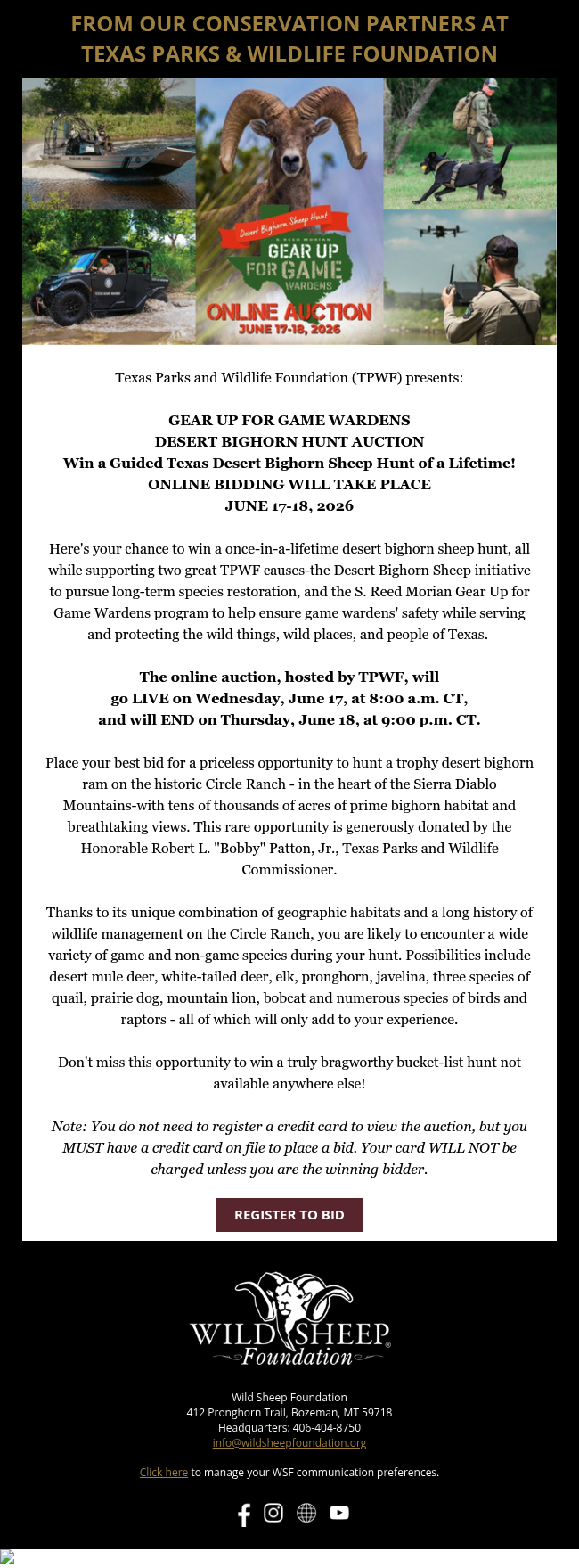 Help Support TX wild sheep programs and TX Game Wardens; WIN a Desert Sheep Hunt