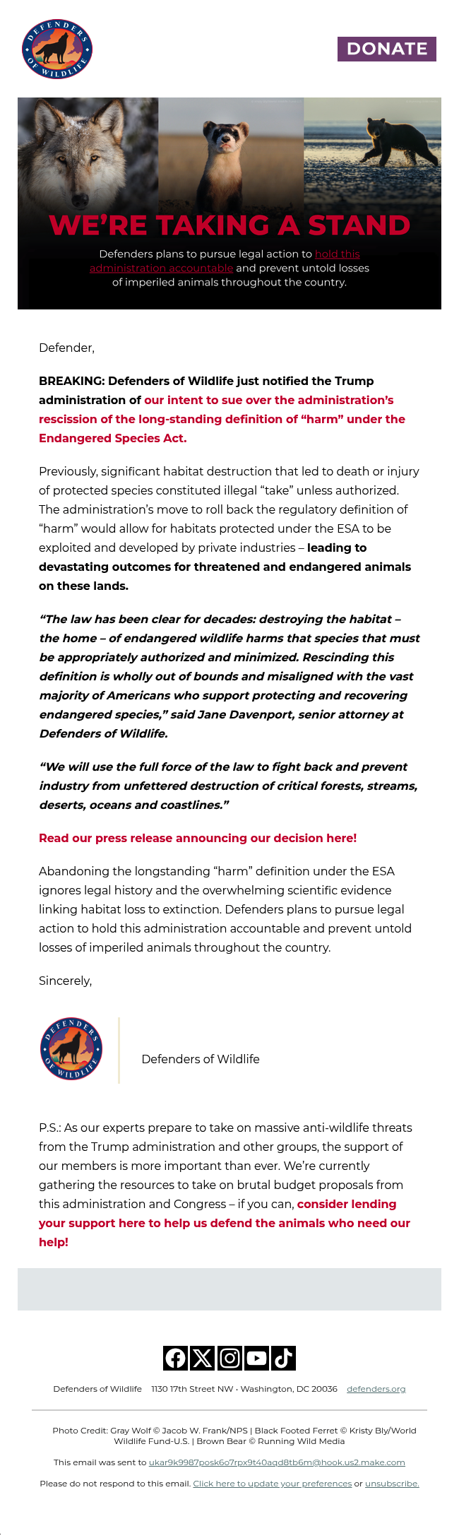 BREAKING: Defenders to sue Trump administration over “harm” rescission