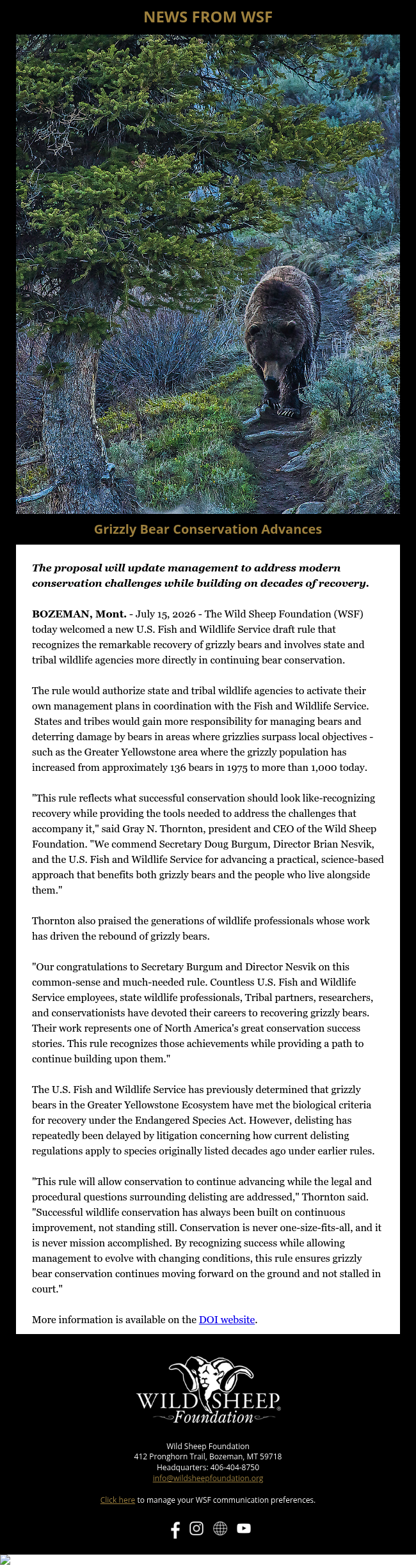 WSF: Grizzly Bear Conservation Advances